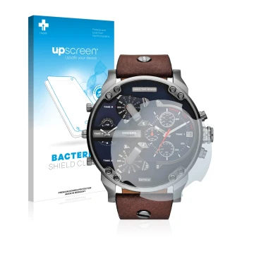 Front side of a product packaging with the brand logo upscreen. Next to it is the device Diesel DZ7314 Mr. Daddy shown with th