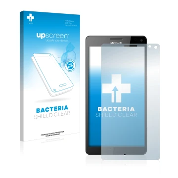 Front side of a product packaging with the brand logo upscreen. Next to it is the device Microsoft Lumia 950 XL shown with the