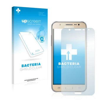 Front side of a product packaging with the brand logo upscreen. Next to it is the device Samsung Galaxy J7 2016 shown with the