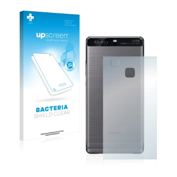 Front side of a product packaging with the brand logo upscreen. Next to it is the device Huawei P9 Plus (Back) shown with the 