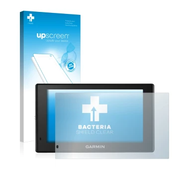 Front side of a product packaging with the brand logo upscreen. Next to it is the device Garmin DriveSmart 50 LMT-D shown with