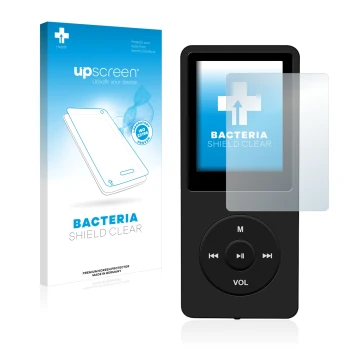 Front side of a product packaging with the brand logo upscreen. Next to it is the device AGPtek 8GB MP3-Player shown with the 