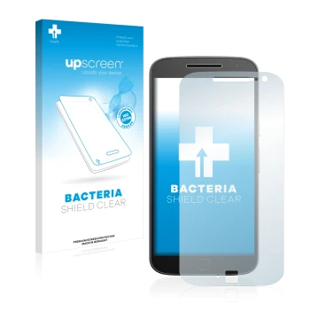 Front side of a product packaging with the brand logo upscreen. Next to it is the device Motorola Moto G4 Plus shown with the 