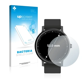 Front side of a product packaging with the brand logo upscreen. Next to it is the device Watches (Circular, ø: 53 mm) shown wi