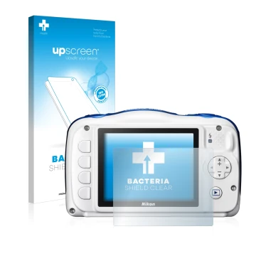 Front side of a product packaging with the brand logo upscreen. Next to it is the device Nikon Coolpix W100 shown with the cor