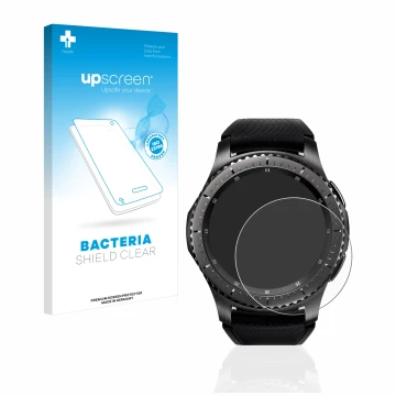 Front side of a product packaging with the brand logo upscreen. Next to it is the device Samsung Gear S3 Frontier shown with t