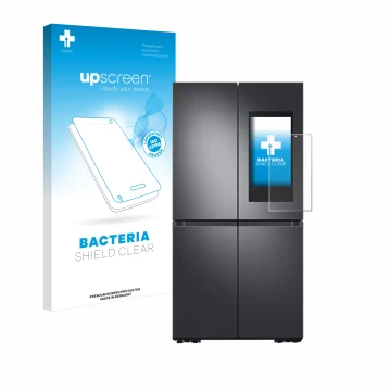 Front side of a product packaging with the brand logo upscreen. Next to it is the device Samsung Family Hub 21.5
