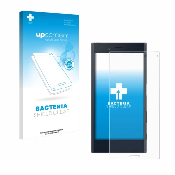 Front side of a product packaging with the brand logo upscreen. Next to it is the device Sony Xperia X Compact shown with the 