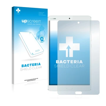 Front side of a product packaging with the brand logo upscreen. Next to it is the device Huawei MediaPad M3 8.4 shown with the
