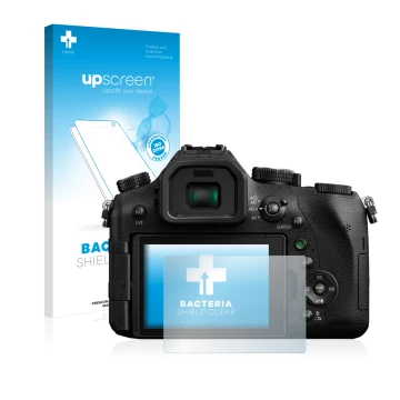 Front side of a product packaging with the brand logo upscreen. Next to it is the device Panasonic Lumix DMC-FZ2000 shown with