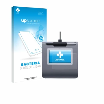 Front side of a product packaging with the brand logo upscreen. Next to it is the device Wacom STU-430 shown with the correspo