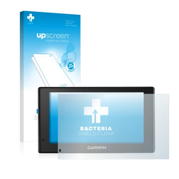 Front side of a product packaging with the brand logo upscreen. Next to it is the device Garmin DriveTrack 70LM shown with the