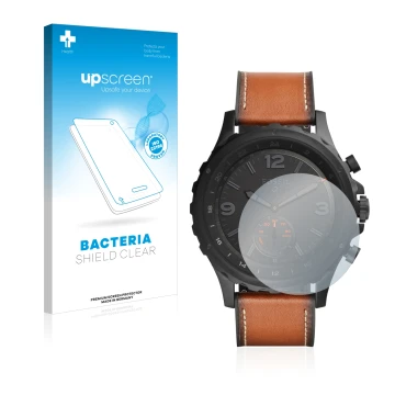 Front side of a product packaging with the brand logo upscreen. Next to it is the device Fossil Q Nate shown with the correspo
