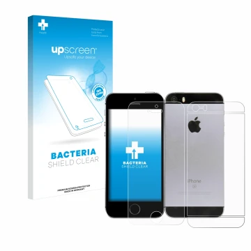 Front side of a product packaging with the brand logo upscreen. Next to it is the device Apple iPhone SE 2016 (Front+Back) sho