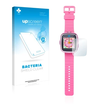 Front side of a product packaging with the brand logo upscreen. Next to it is the device Vtech Kidizoom Smart Watch DX shown w