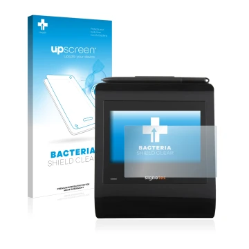 Front side of a product packaging with the brand logo upscreen. Next to it is the device Signotec Signature Pad Gamma shown wi