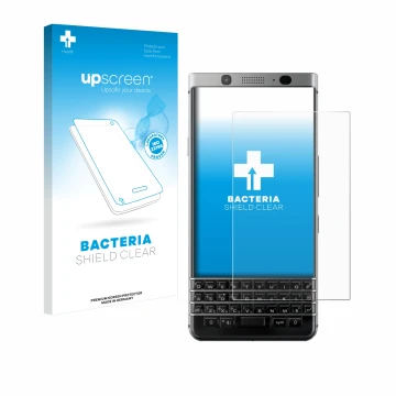 Front side of a product packaging with the brand logo upscreen. Next to it is the device BlackBerry Keyone shown with the corr