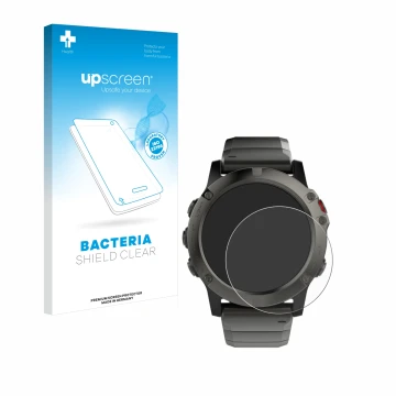 Front side of a product packaging with the brand logo upscreen. Next to it is the device Garmin Fenix 5X (51 mm) shown with th