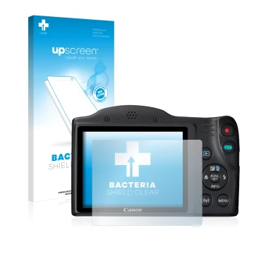 Front side of a product packaging with the brand logo upscreen. Next to it is the device Canon PowerShot SX430 IS shown with t