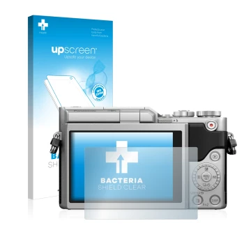 Front side of a product packaging with the brand logo upscreen. Next to it is the device Panasonic Lumix DC-GX800 shown with t