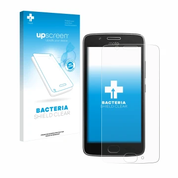 Front side of a product packaging with the brand logo upscreen. Next to it is the device Motorola Moto G5 shown with the corre