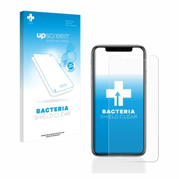 Front side of a product packaging with the brand logo upscreen. Next to it is the device Apple iPhone X shown with the corresp