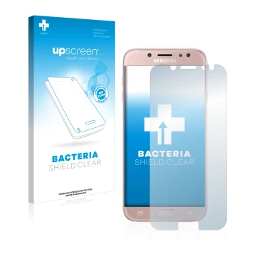 Front side of a product packaging with the brand logo upscreen. Next to it is the device Samsung Galaxy J7 2017 shown with the