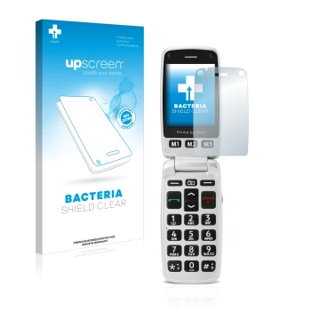 Front side of a product packaging with the brand logo upscreen. Next to it is the device Doro Primo 413 shown with the corresp