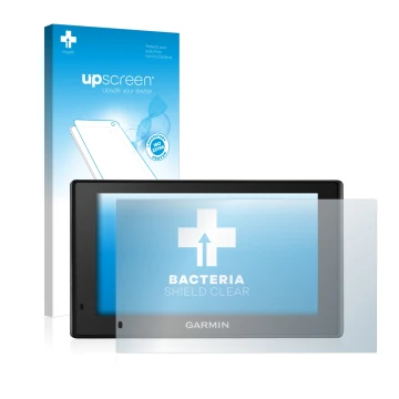 Front side of a product packaging with the brand logo upscreen. Next to it is the device Garmin DriveSmart 51 LMT-D shown with