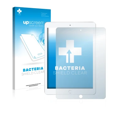 Front side of a product packaging with the brand logo upscreen. Next to it is the device Apple iPad 9.7 2017 (5th. Gen.) shown