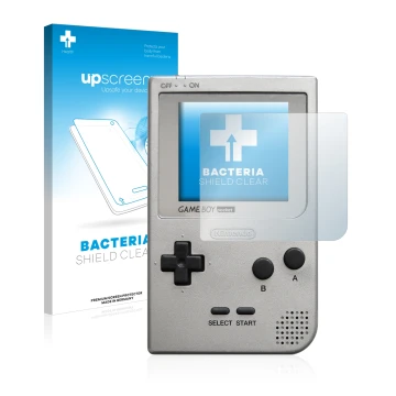 Front side of a product packaging with the brand logo upscreen. Next to it is the device Nintendo Gameboy Pocket shown with th