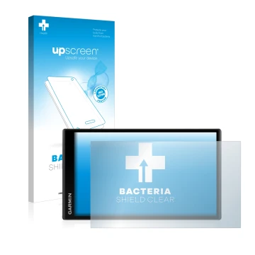 Front side of a product packaging with the brand logo upscreen. Next to it is the device Garmin Camper 770 LMT-D shown with th
