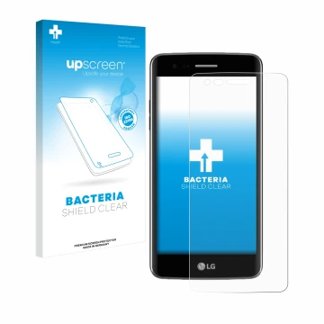 Front side of a product packaging with the brand logo upscreen. Next to it is the device LG K8 2017 shown with the correspondi