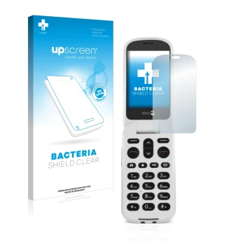 Front side of a product packaging with the brand logo upscreen. Next to it is the device Doro 6050 shown with the correspondin