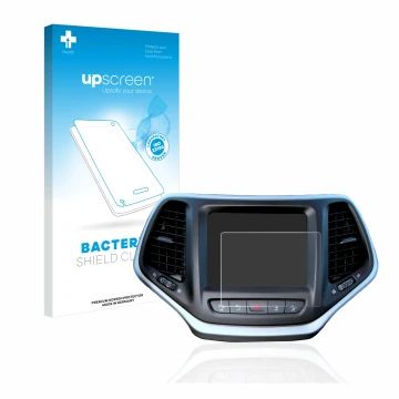 Front side of a product packaging with the brand logo upscreen. Next to it is the device Jeep Cherokee Uconnect 8.4