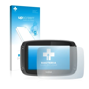 Front side of a product packaging with the brand logo upscreen. Next to it is the device TomTom Rider 450 shown with the corre