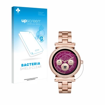 Front side of a product packaging with the brand logo upscreen. Next to it is the device Michael Kors Access Sofie shown with 