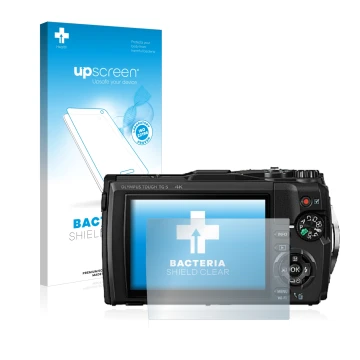 Front side of a product packaging with the brand logo upscreen. Next to it is the device Olympus Tough TG-5 shown with the cor