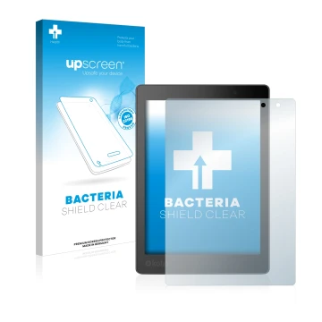 Front side of a product packaging with the brand logo upscreen. Next to it is the device Kobo Aura One shown with the correspo