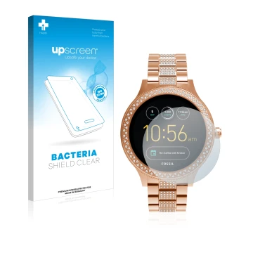 Front side of a product packaging with the brand logo upscreen. Next to it is the device Fossil Q Venture shown with the corre