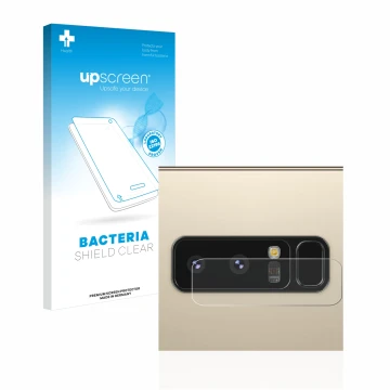 Front side of a product packaging with the brand logo upscreen. Next to it is the device Samsung Galaxy Note 8 (ONLY Camera Le