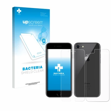 Front side of a product packaging with the brand logo upscreen. Next to it is the device Apple iPhone 8 (Front+Back) shown wit