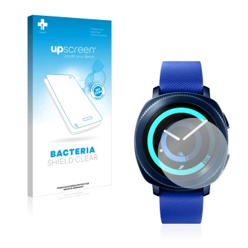 Front side of a product packaging with the brand logo upscreen. Next to it is the device Samsung Gear Sport shown with the cor