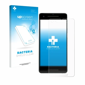 Front side of a product packaging with the brand logo upscreen. Next to it is the device Google Pixel 2 shown with the corresp