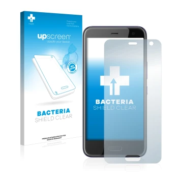Front side of a product packaging with the brand logo upscreen. Next to it is the device HTC U11 Life shown with the correspon