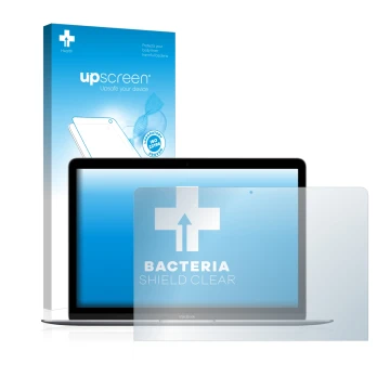 Front side of a product packaging with the brand logo upscreen. Next to it is the device Apple MacBook Retina 12