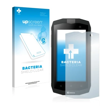 Front side of a product packaging with the brand logo upscreen. Next to it is the device Crosscall Trekker M1 shown with the c