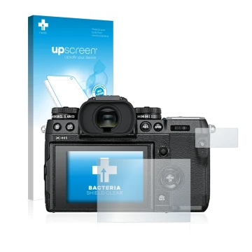 Front side of a product packaging with the brand logo upscreen. Next to it is the device Fujifilm X-H1 shown with the correspo