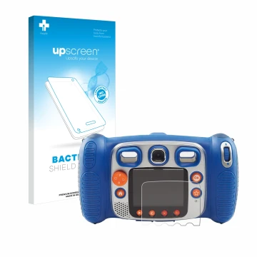 Front side of a product packaging with the brand logo upscreen. Next to it is the device Vtech Kidizoom Duo 5.0 shown with the