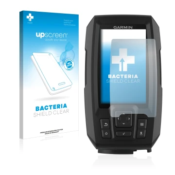 Front side of a product packaging with the brand logo upscreen. Next to it is the device Garmin Striker Plus 4 shown with the 